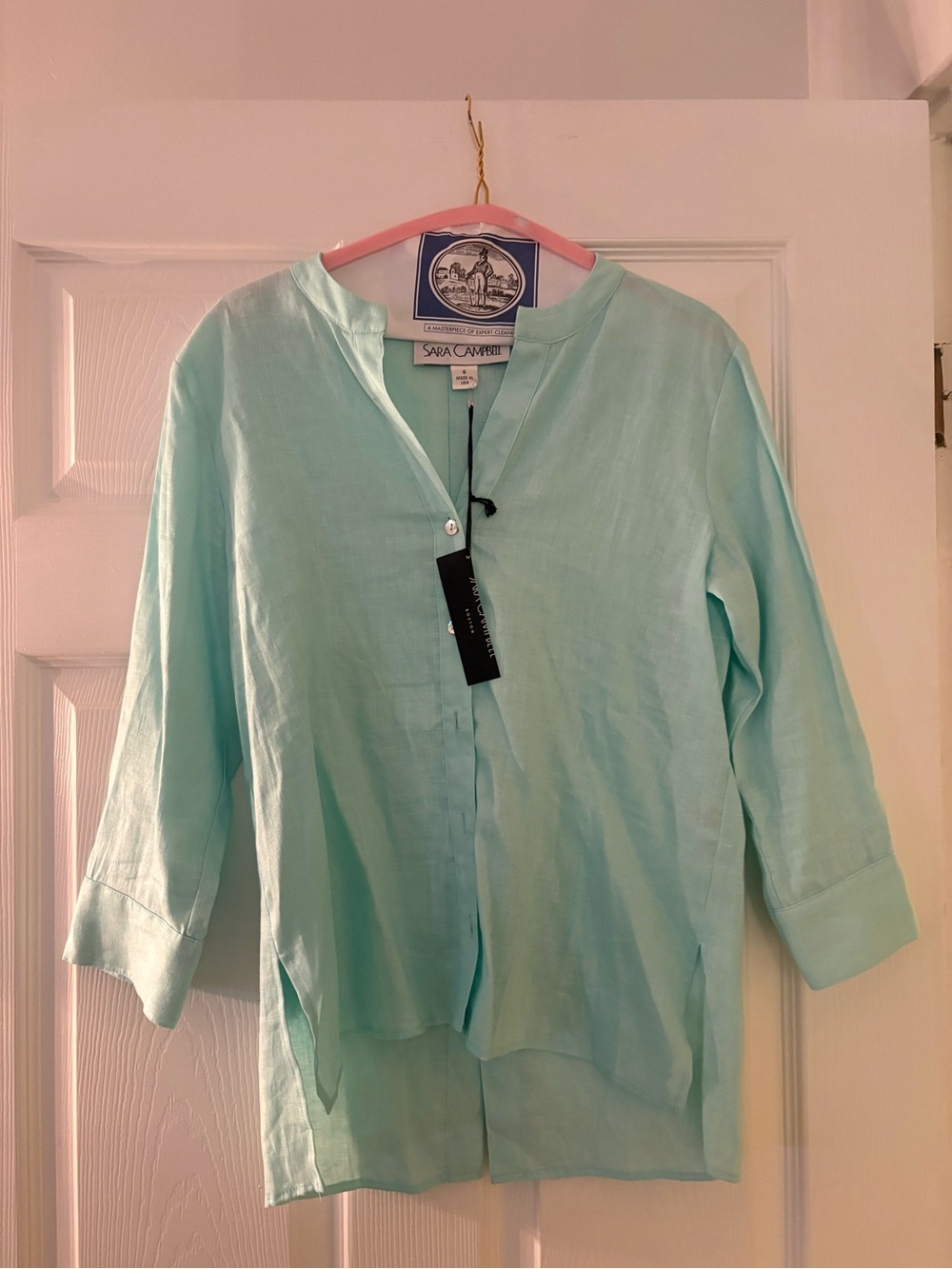 Sara Campbell Mint Green Linen Split-V Button Tunic